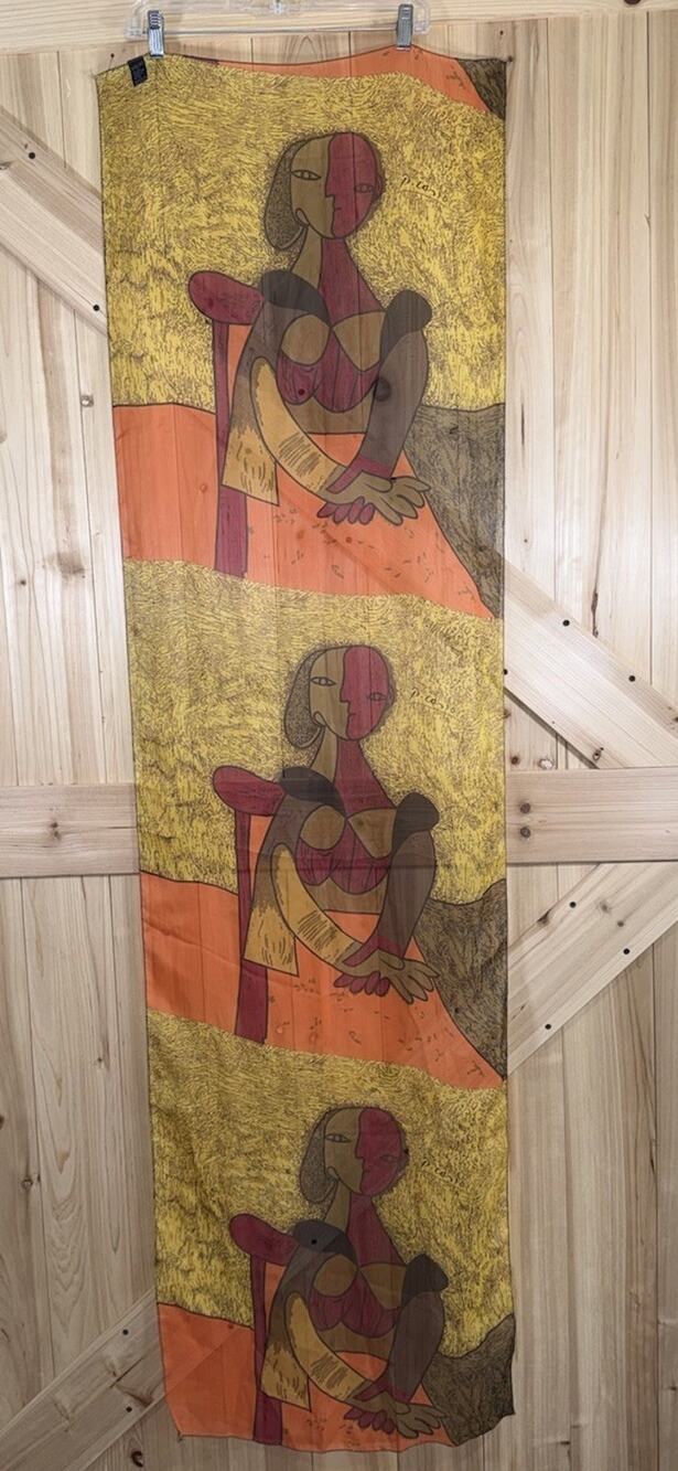 Picasso Scarf Artsy Cubist Abstract Art To Wear Silk Feel Orange Brown 19”x69”